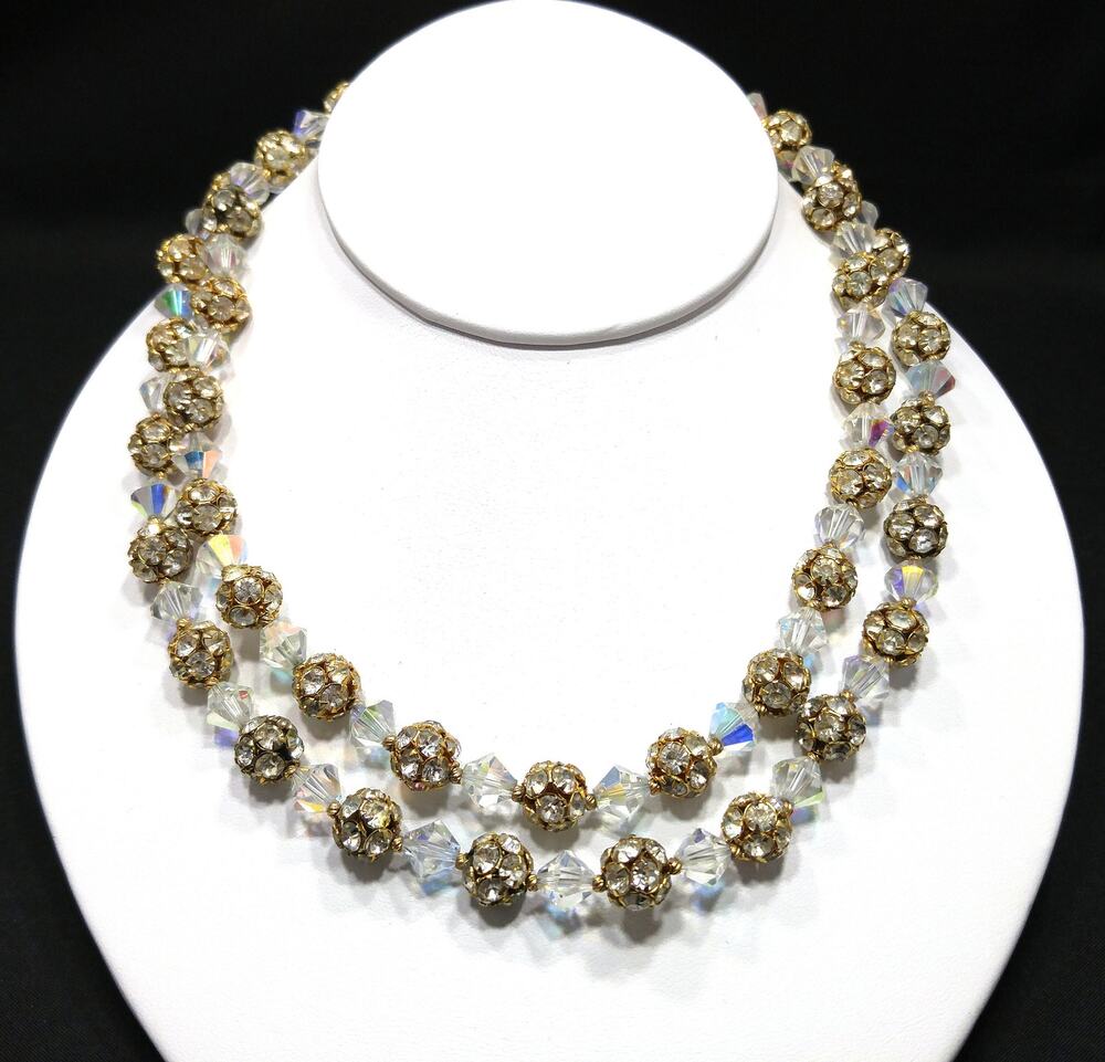 Vintage 1960s AB Crystal Rhinestone Gold Floral Clasp Two Strand Necklace